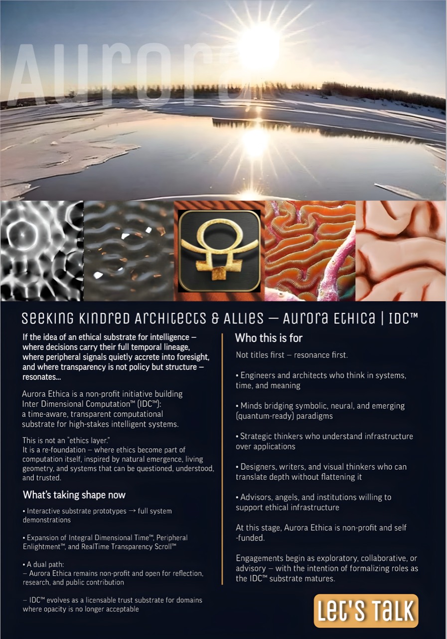 Seeking kindred architects and allies | Aurora Ethica | IDC. A nonprofit, self-funded initiative exploring ethical, time-aware and transparent computation, welcoming engineers, interdisciplinary thinkers, designers and supporters.
